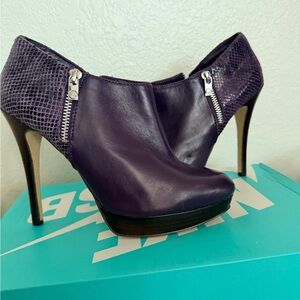 Michael Kors Deep Purple Leather Platform Stiletto Booties with Zip Accent